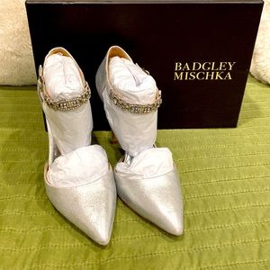 Badgley Mishka silver stiletto jeweled pumps